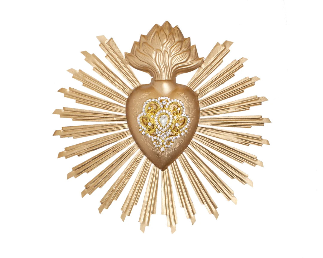 Sacred Heart, Milagro Heart, Large Gold Heart Sunburst Flame, White Rhinestone Catholic Heart, Wa... | Etsy (US)