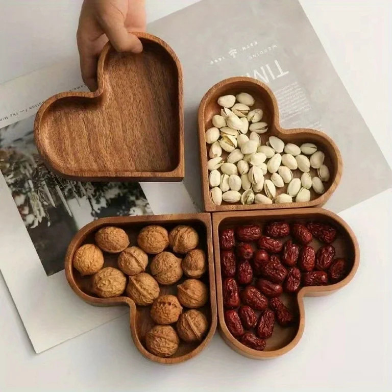 Heart-Shaped Wooden Serving Tray - 4 Compartment Dessert & Candy Plate for Valentine’s Day, Sus... | Walmart (US)