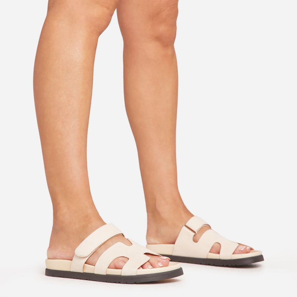 Valerie Gladiator Velcro Strap Flat Slider Sandal In Cream Faux Suede | EGO (UK)