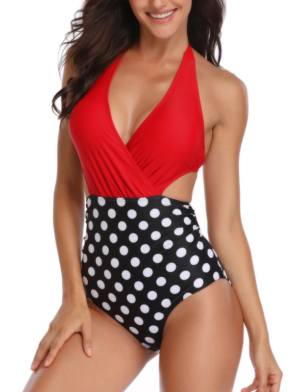 Polka Dot Wrap Halter Monokini | SHEIN