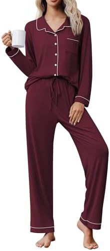 Ekouaer Pajama Sets Women Classic Long Sleeve Button Down Sleepwear Soft Pjs Lounge Sets | Amazon (US)