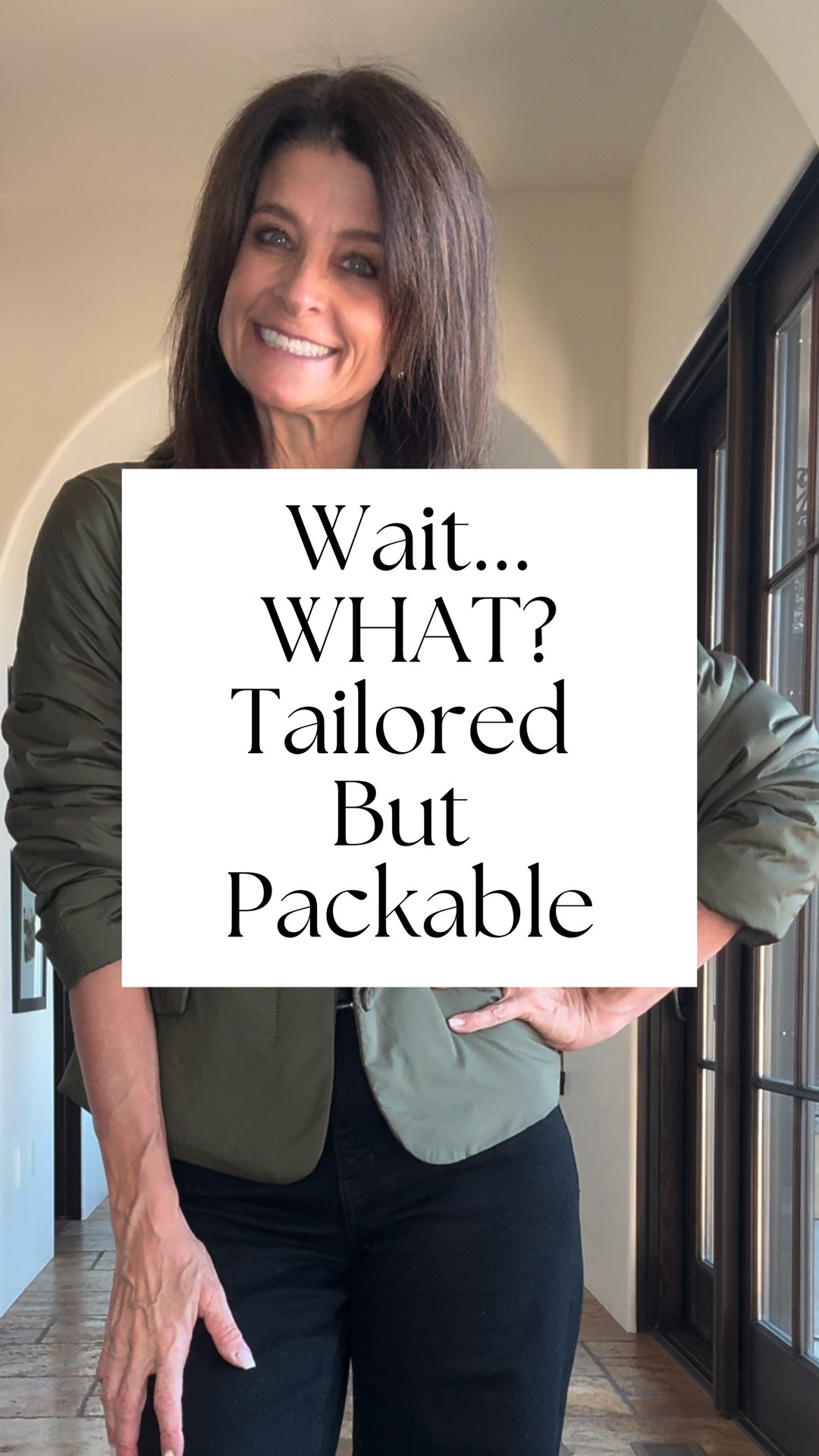 This padded blazer gives you real warmth without bulk,  rolls into nothing for easy packing, and still looks great pulled right out of your bag.

Perfect for those travel days when you need to look polished upon arrival.  It’s also a great outer layer for easy day-to-night transitions.

Structured.  Lightweight.  Practical.
_________
Hi! I’m Haley.  I created Carry-On Couture to help you curate functional AND beautiful travel capsule wardrobes specifically designed for carry-on travel.  I’m so happy to have you here.  Follow along for more travel capsule wardrobe tips and strategies.
