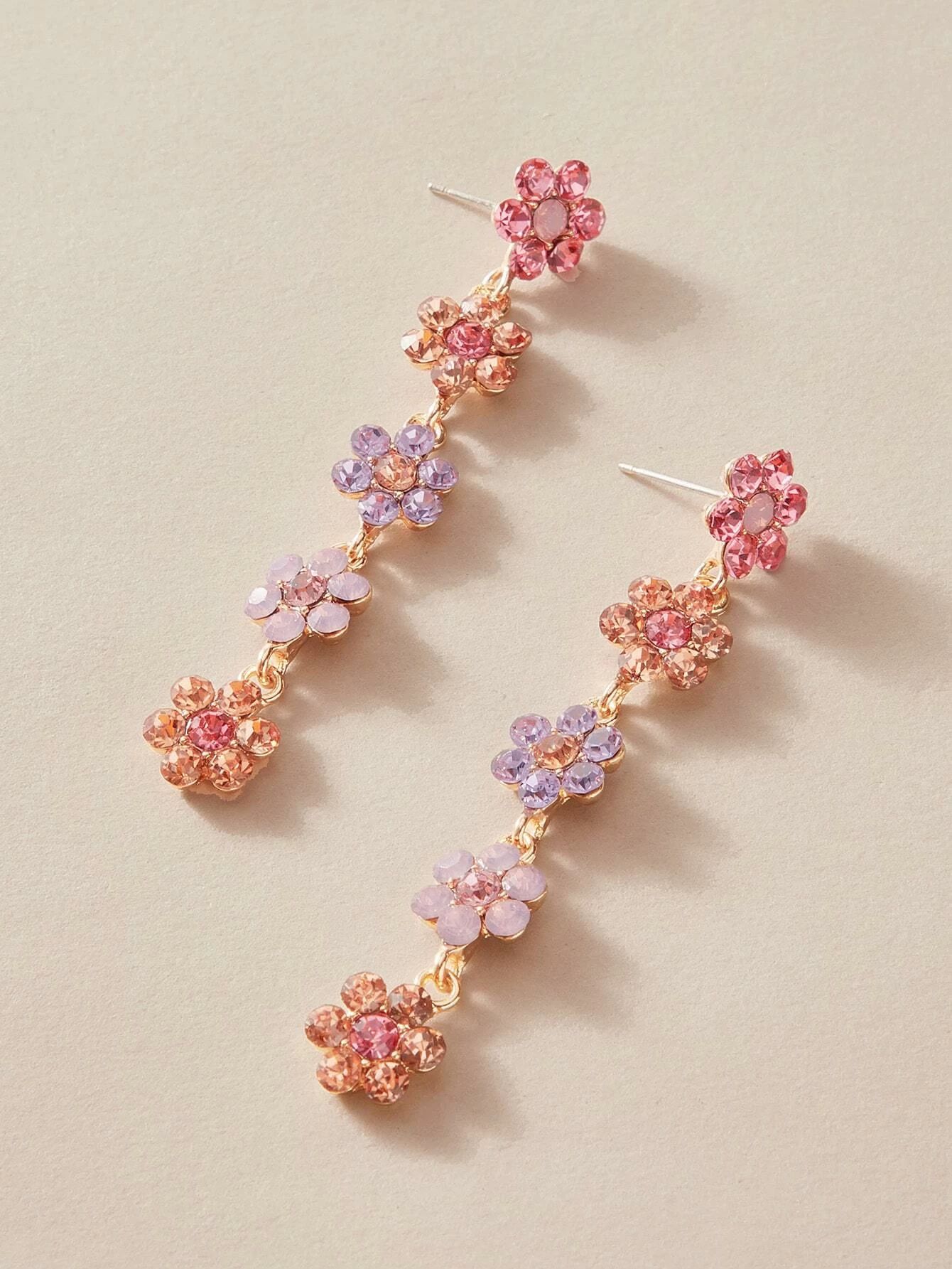 1pair Rhinestone Decor Flower Drop Earrings | SHEIN
