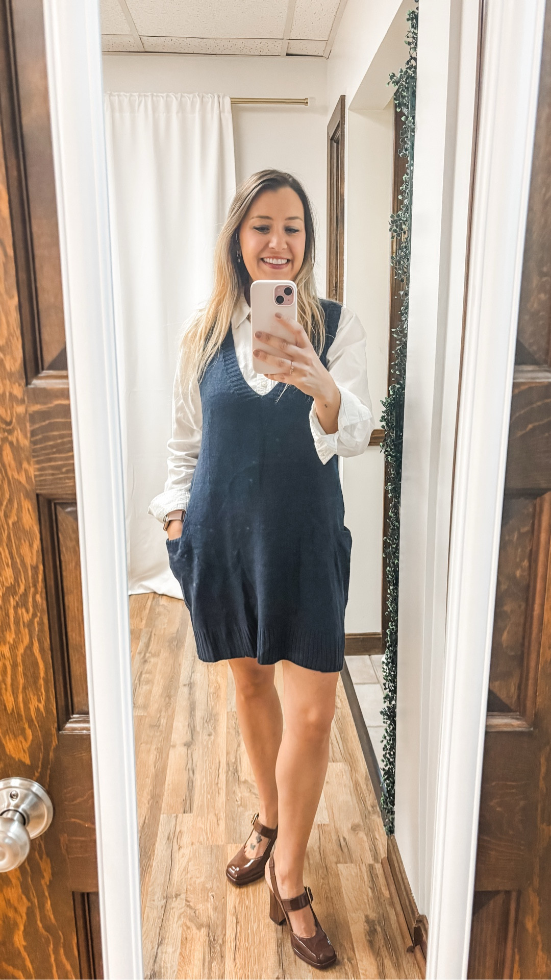 This cozy sweater dress comes in a bunch of colors and has pockets 👏🏻👏🏻 you can easily layer over a basic tee, but I do love how it looks with a classic button down shirt. I will be wearing this on repeat this fall 💙💙

#LTKStyleTip #LTKSeasonal