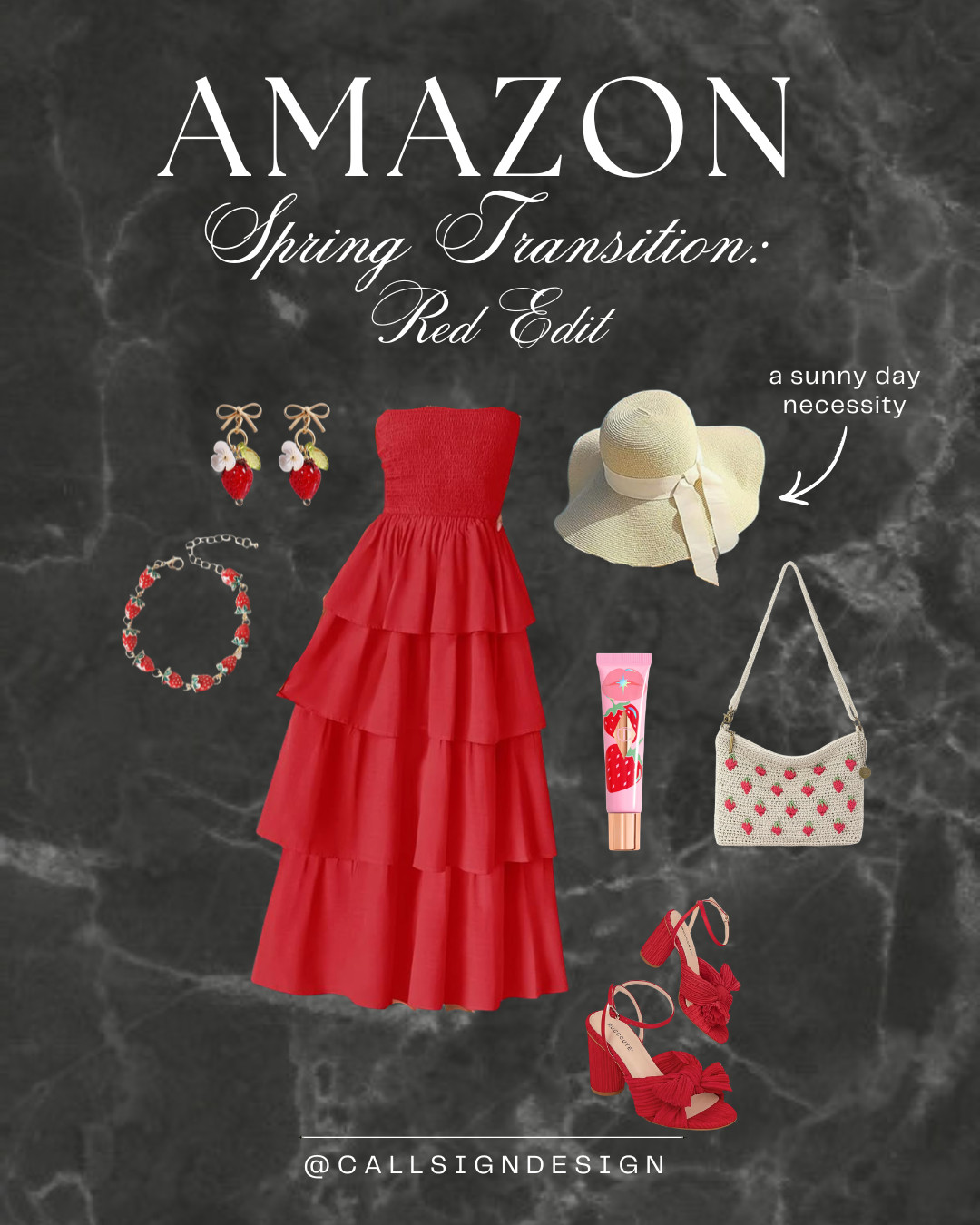 All red everything ❤️🍓
This tiered dress is the moment, styled with strawberry earrings, bracelet, and purse for a sweet little twist. Finish off with a sun hat and matching red heels for that perfect warm-weather vibe that's sure to make a statement. 

 #LTKdayinmylife #LTKgrwm #LTKootd