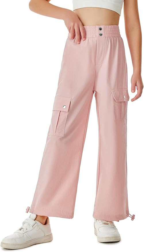 Haloumoning Girls Cargo Pants High Waist Parachute Pants Wide Leg Kids Joggers with Pockets 5-14 ... | Amazon (US)