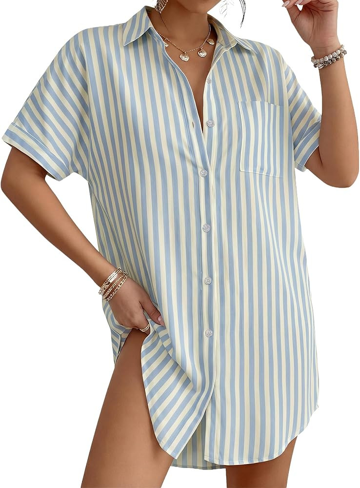 MANGOPOP Swimsuit Coverup for Women Striped Bathing Suit Cover Up Button Down Shirt Beach Cover U... | Amazon (US)