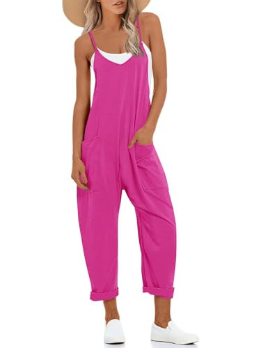 Muchpow Women's V Neck Sleeveless Jumpsuits Spaghetti Straps Harem Long Pants Overalls With Pockets (Rose Red,Large) | Amazon (US)