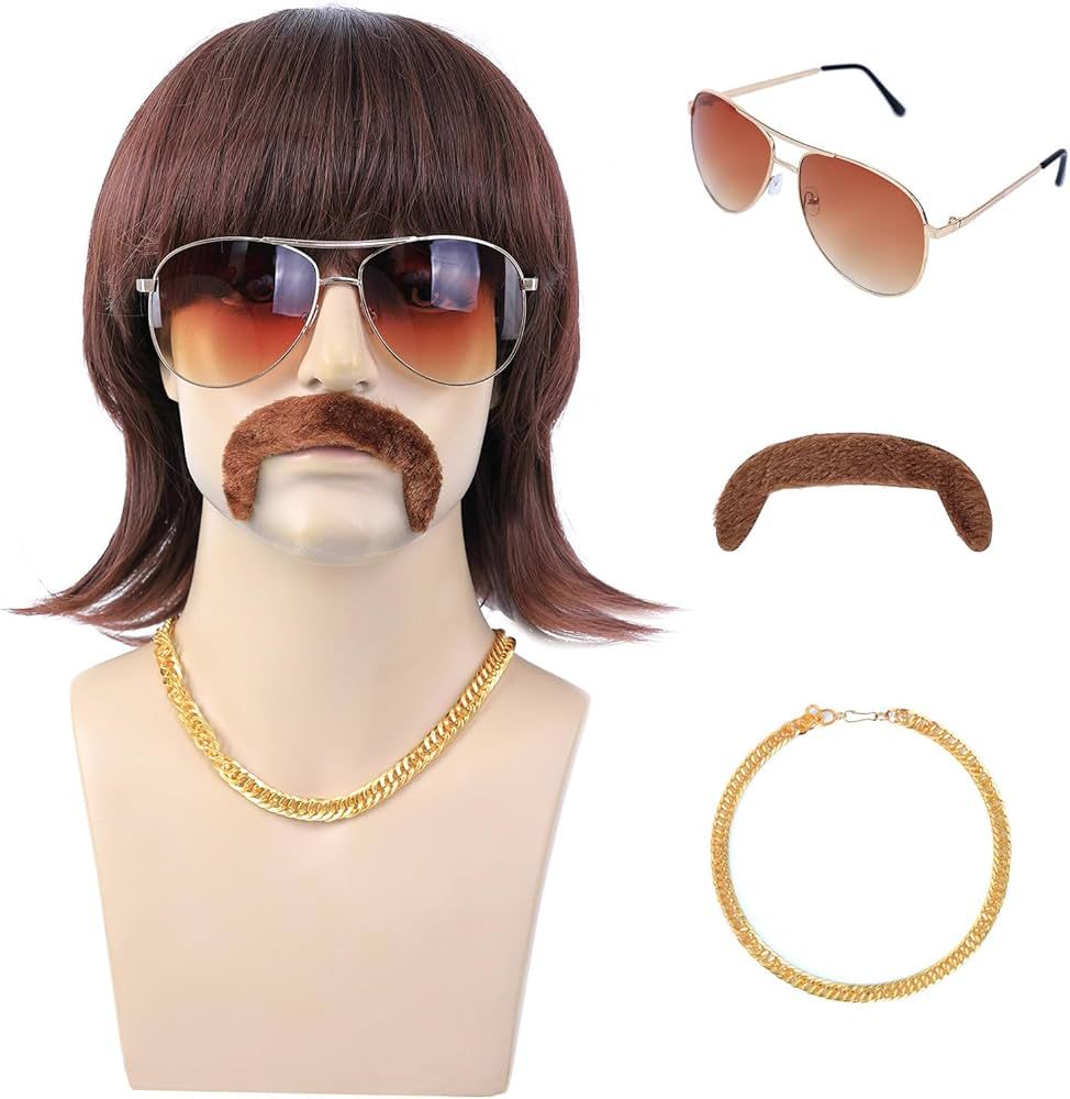 morvally 5pcs Set 70s 80s Disco Wig with Mustache Glasses and Chain | Short Brown Mens Mullet Wig... | Amazon (US)