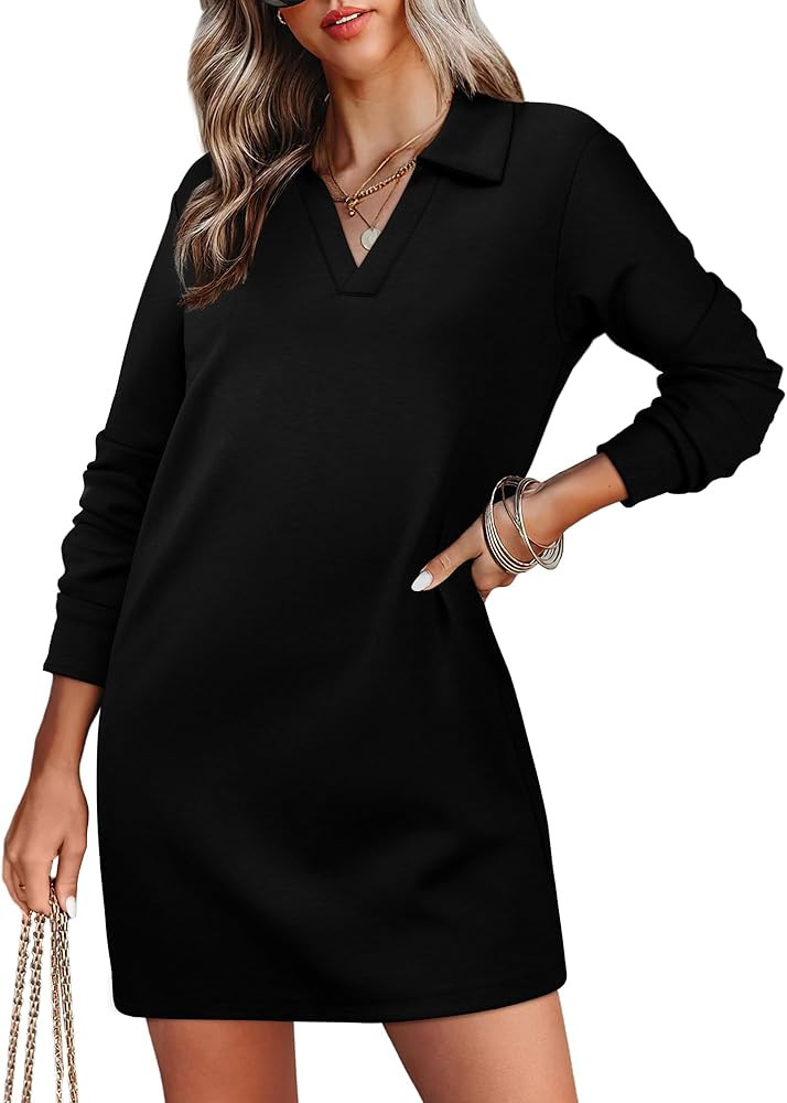 WIHOLL Womens Long Sleeve Lapel Collared V Neck Sweatshirt Dress Loose Fit Solid Color Mini Dress... | Amazon (US)