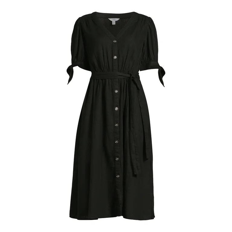 Time and Tru Women?s Tie Sleeve Linen Blend Midi Dress, Sizes XS-XXXL | Walmart (US)