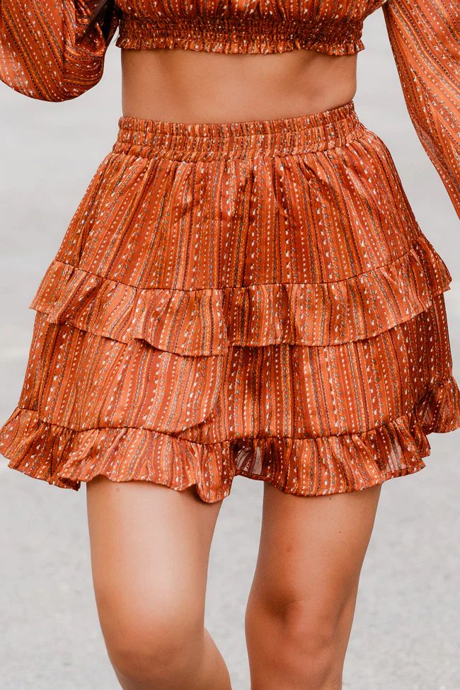 Hear Me Out Brown Multi Printed Ruffle Trim Skirt | Pink Lily