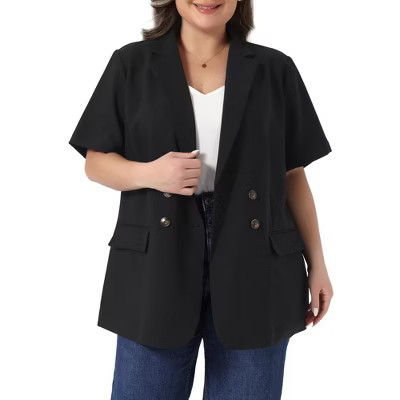 Women's Plus Size Short Sleeve Notched Lapel Double Breasted Office Business Casual Blazer - Agnes Orinda 1X Black | Target