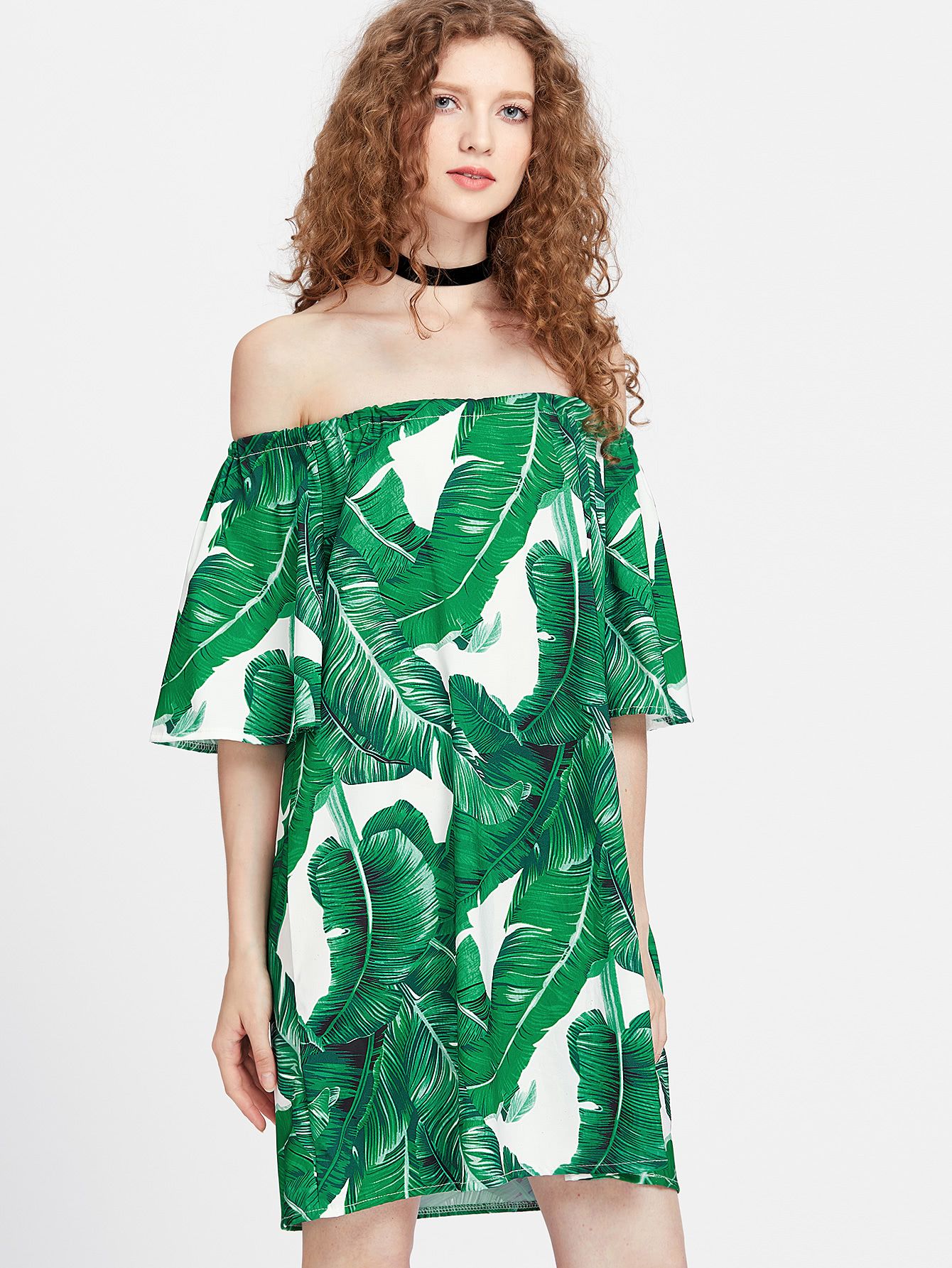 Bardot Leaf Print Dress | SHEIN