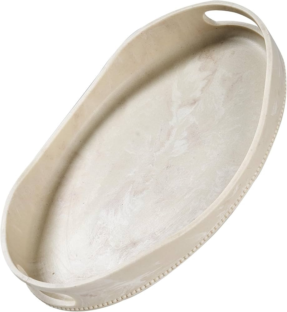 Beige Travertine Marble Serving Tray with Handles - 14x10 inches, Beaded Oval Decorative Tray, Co... | Amazon (US)