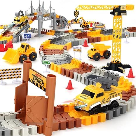 176 PCS Construction Race Tracks Set, Flexible Train Tracks w/ 2 Electric Construction Race Vehic... | Amazon (US)