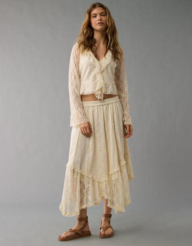 AE Lace Handkerchief Hem Maxi Skirt | American Eagle Outfitters (US & CA)