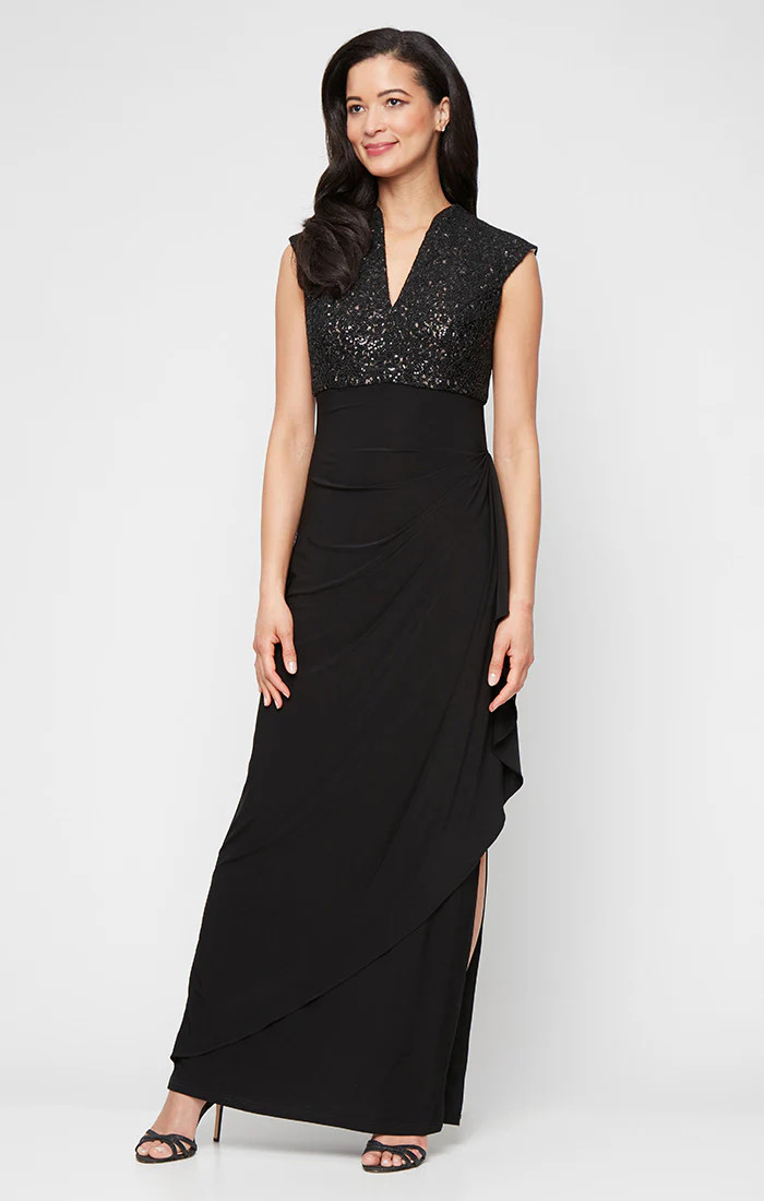 Petite Long Sleeveless Empire Waist Dress with Corded Bodice and Cascade Detail Jersey Skirt | Alex Evenings