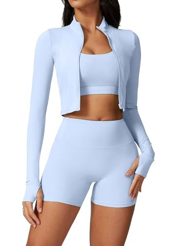 Workout Sets for Women 3 Piece Long Sleeve Zip Up Jacket, Sports Bra, High Waisted Yoga Shorts Gym Athletic Sets Blue XS | Amazon (US)