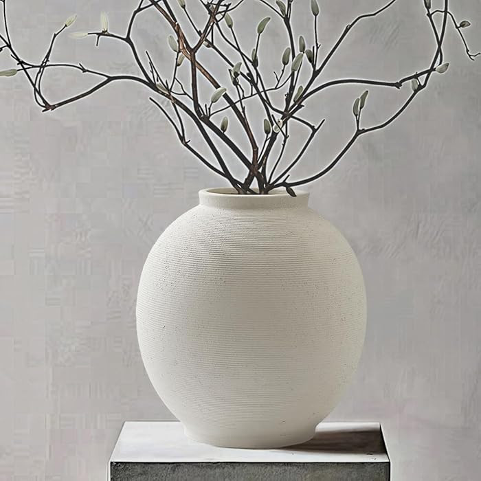 Large White Ceramic Vase, 10.8 inch Round Minimalist Textured Vase, Rustic Farmhouse Decor for Ho... | Amazon (US)