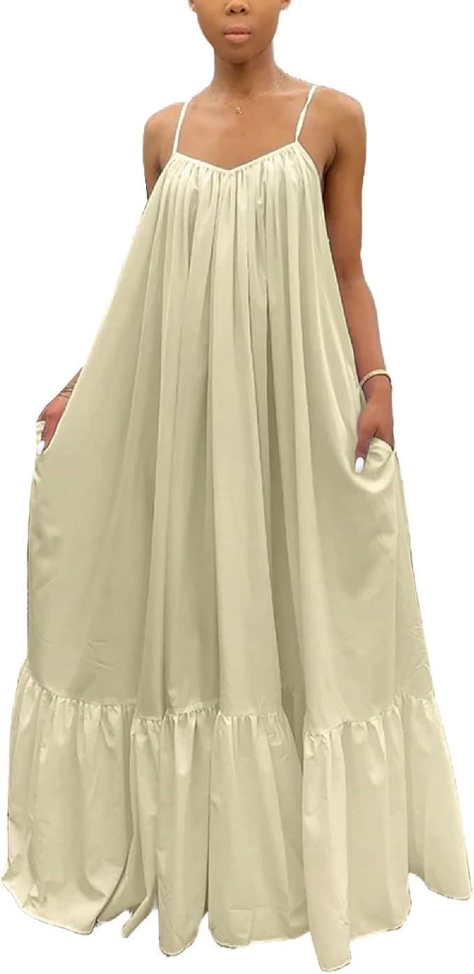 Adogirl Women's Sexy Spaghetti Strap Sleeveless Ruched Ruffle Hem Bandage Oversized Beach Loose L... | Amazon (US)