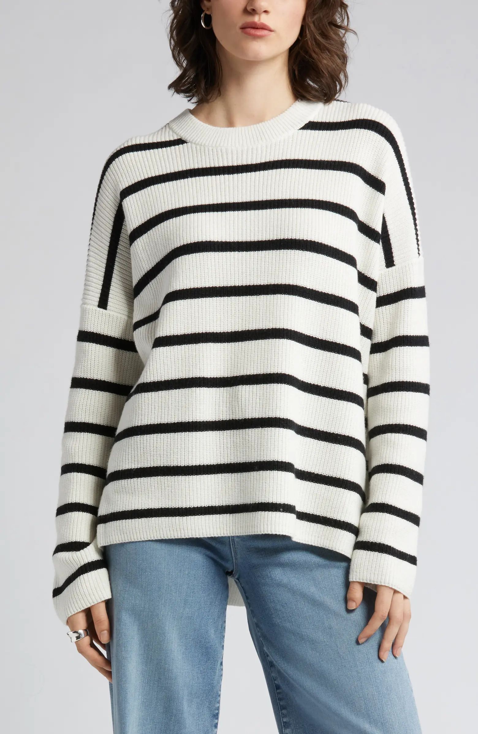 Stripe Oversize Organic Cotton & Wool Crewneck Sweater | Nordstrom