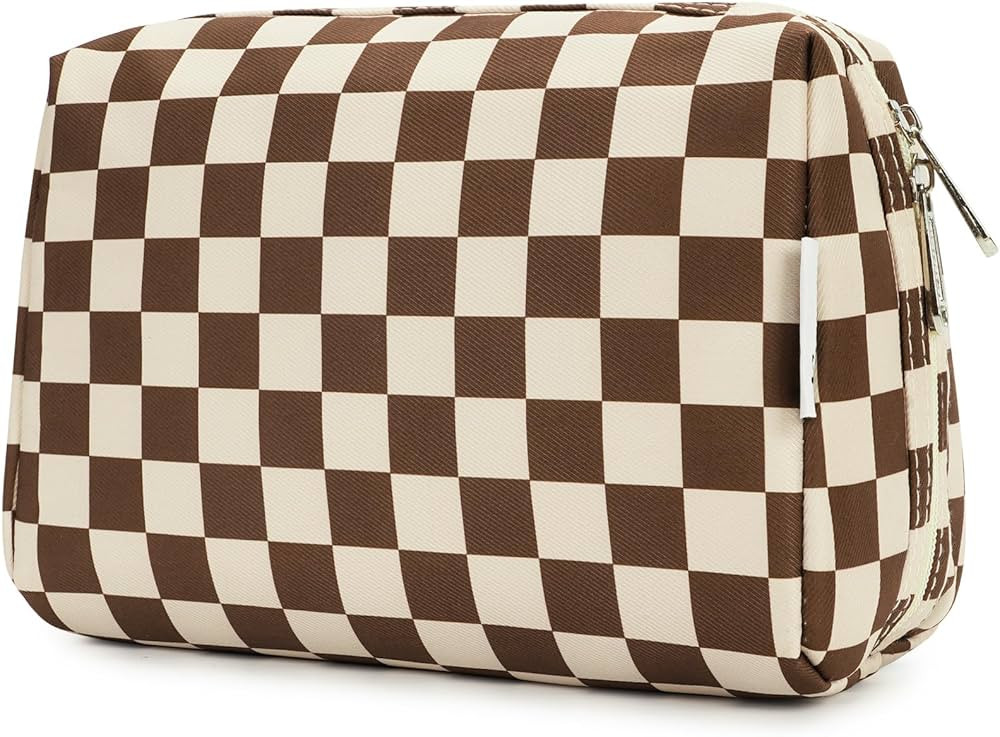 Large Checkered Makeup Bag Zipper Pouch Travel Cosmetic Organizer for Women (Large, Dark Checkerb... | Amazon (US)