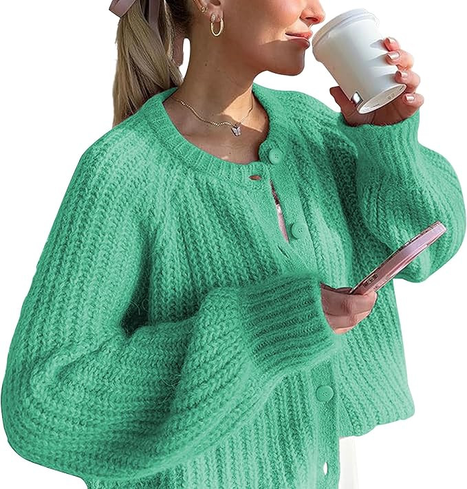 Crochet Cardigan Sweaters for Women Tops Chunky Knitted Crew Neck Long Sleeve Button Down Jackets... | Amazon (US)