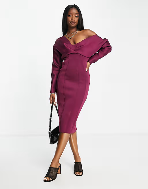 ASOS DESIGN fallen shoulder super seamed pencil skirt midi dress in berry | ASOS (Global)