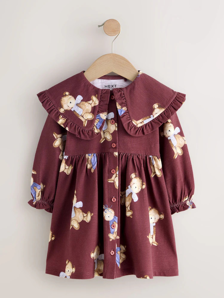 Burgundy Teddy Bear Long Sleeve Collared Dress (3mths-7yrs) | Next US