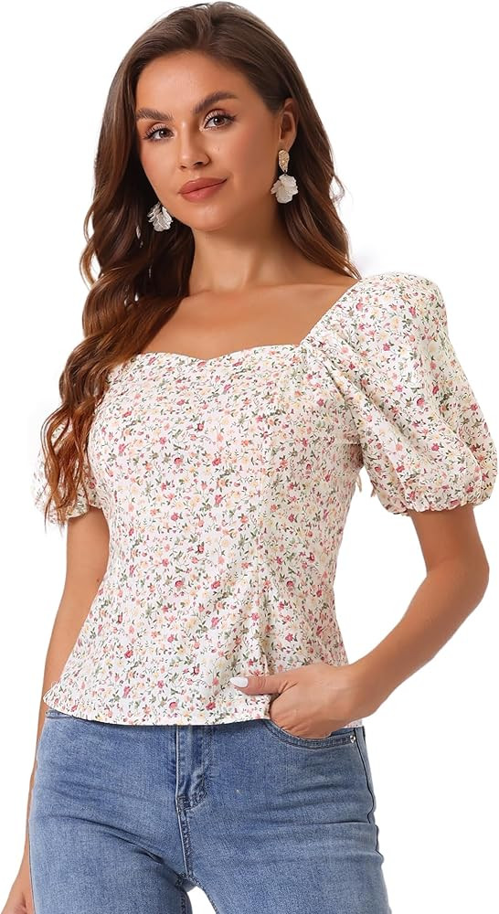 Allegra K Women's Puff Sleeve Blouse Square Neck Peasant Floral Top | Amazon (US)