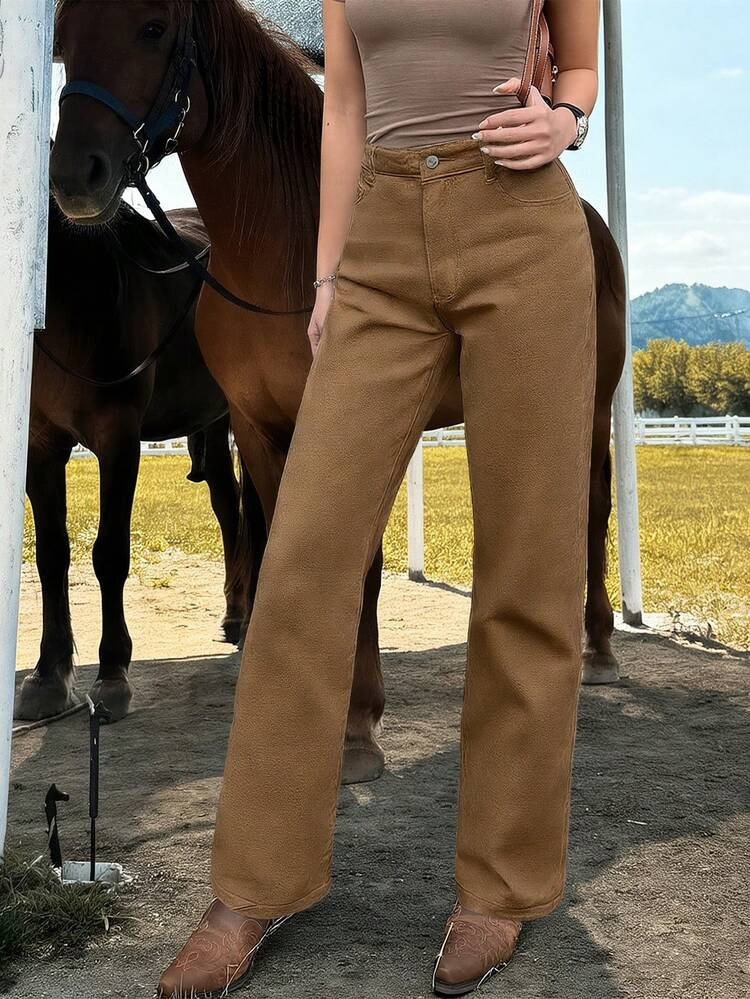 High-Waisted Straight Leg Khaki Cowgirl Jeans - Street Fashion, Perfect For Everyday Wear And Casual Looks | SHEIN