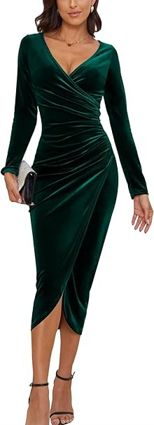 CYiNu Women's V Neck Wrap Velvet Long Sleeve Elegant Bodycon Ruched Cocktail Party Maxi Dress | Amazon (US)