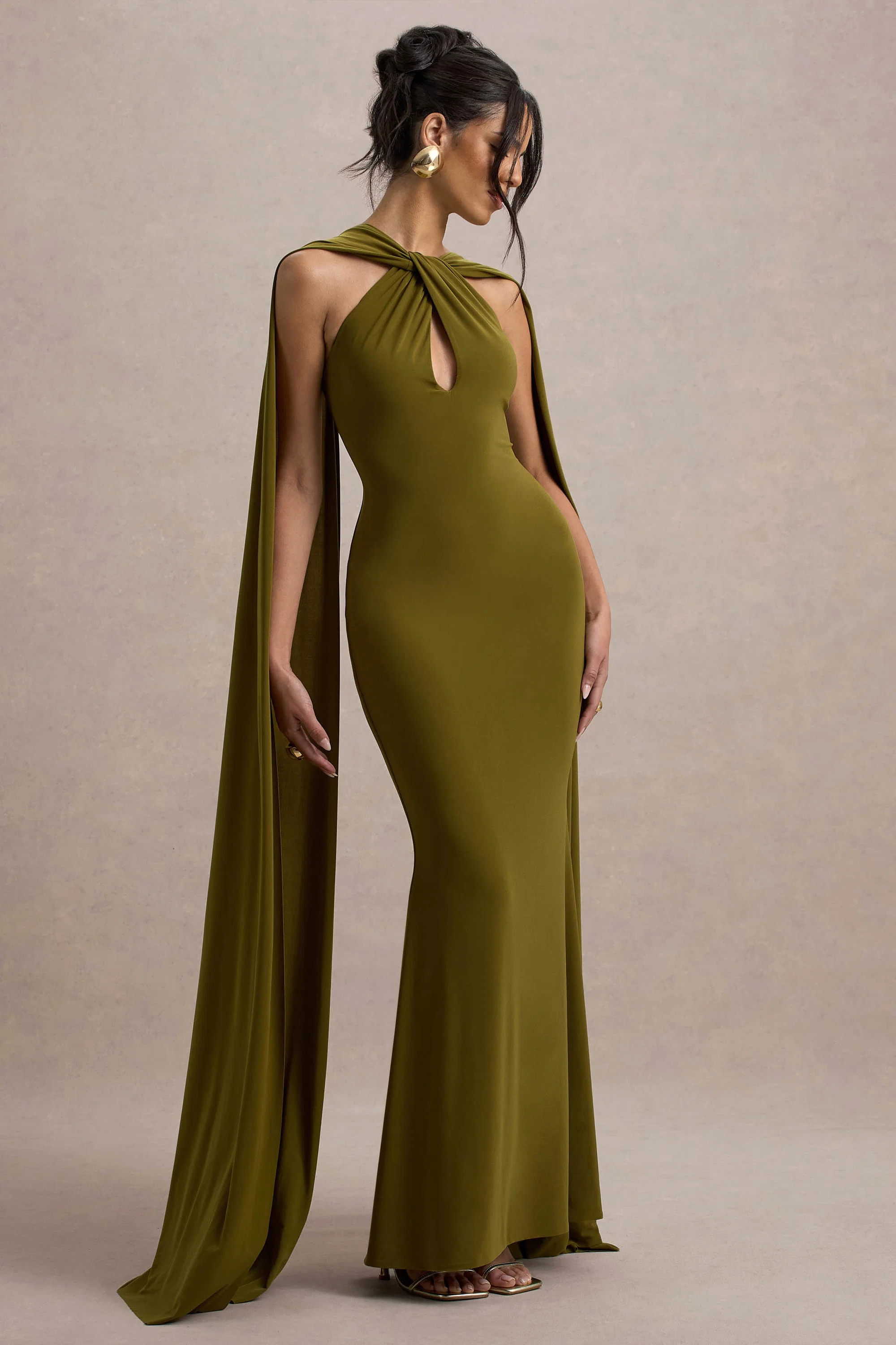 Rhoda | Green Twist Halter-Neck Cape Maxi Dress | Club L London