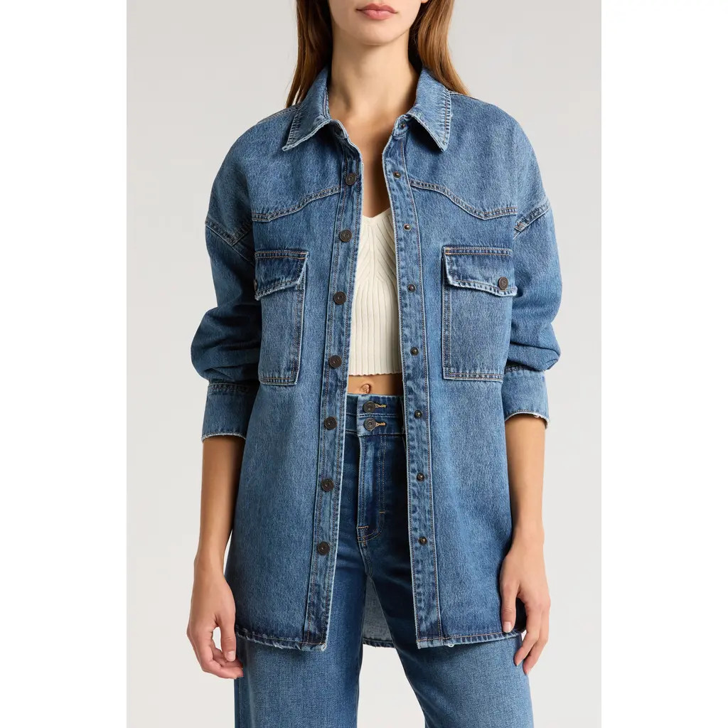 HIDDEN JEANS Oversize Western Denim Button-Up Shirt in Medium Wash at Nordstrom, Size X-Small | Nordstrom