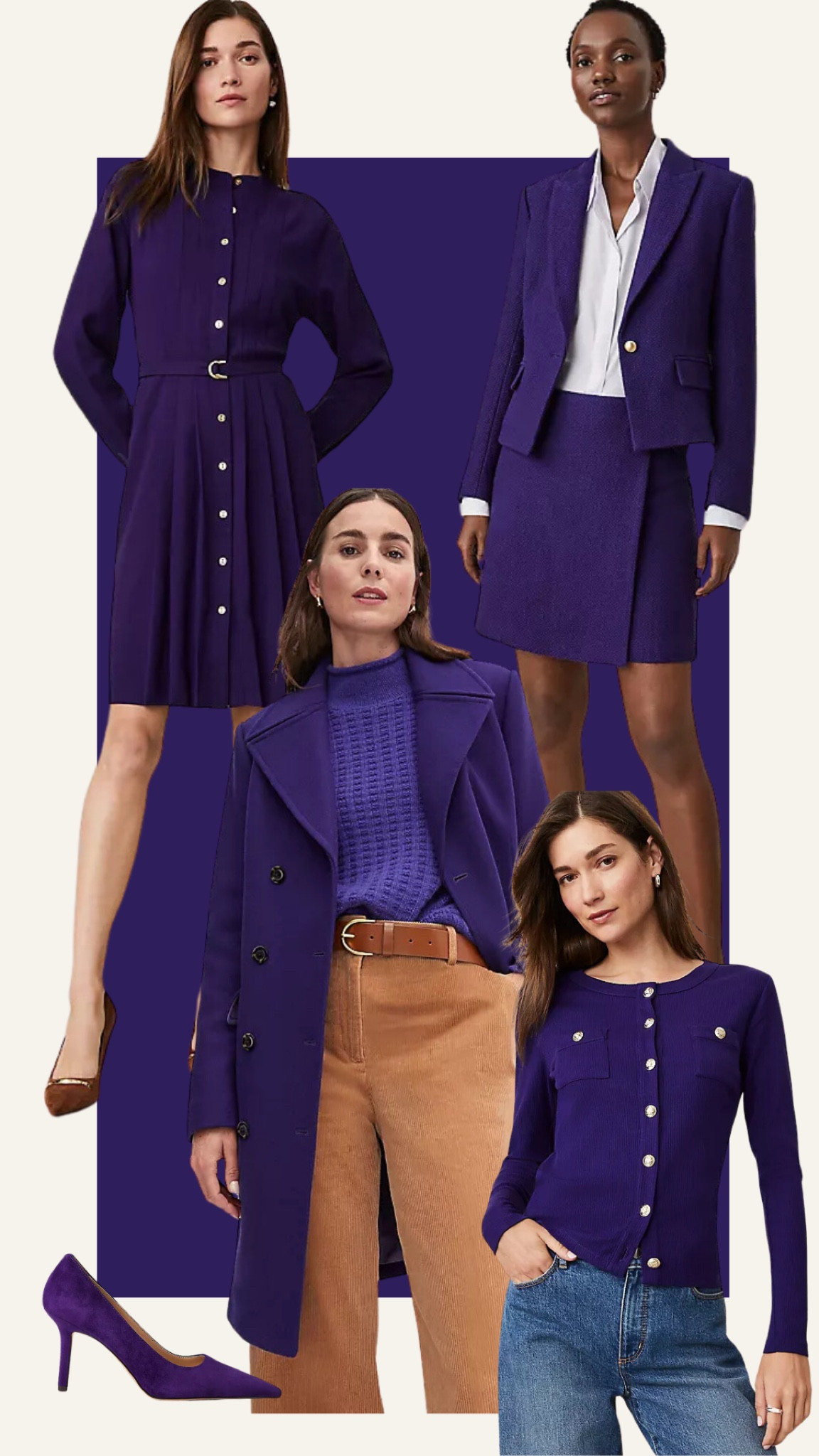 Royal purple for autumns and winters, house of colour autumn, house of colour winter, vibrant autumn, leaf autumn, workwear, suit, professional, Ann Taylor, pointed to pump, heels, cardigan jacket, cold button, wool coat, suede pump, fit and flare dress, pleated dress, tie waist, belt, classic style, fall

#LTKSaleAlert #LTKFindsUnder100 #LTKWorkwear
