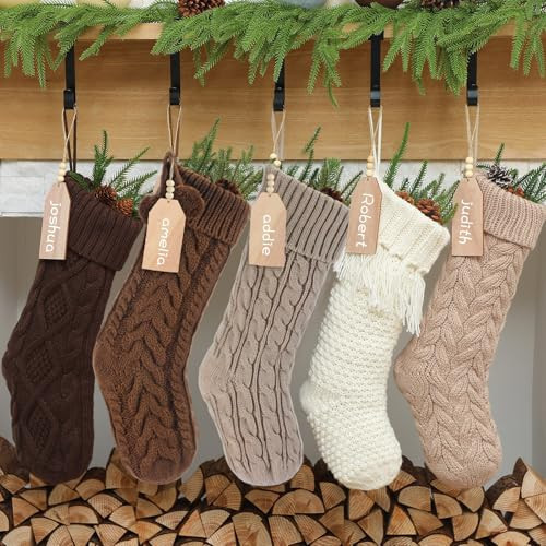 MiniInflat 5 Pack 18 inch Neutral Personalized Christmas Stockings Bulk, Rustic Farmhouse Cable Knit Fireplace Hanging Stocking with Name Tags Earth Tones Brown Decor for Xmas Holiday Family Party | Amazon (US)