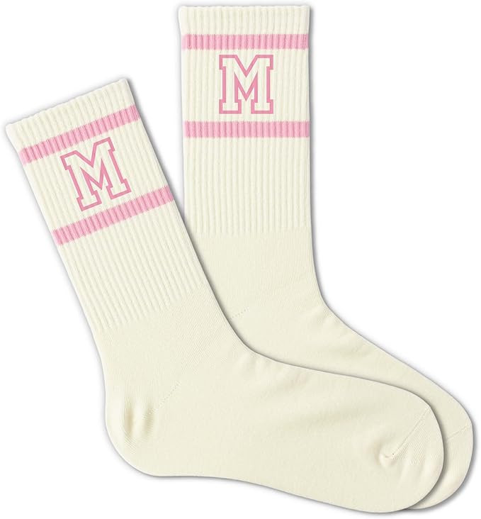 Pink and White Striped Crew Socks with the Letter， Classic Varsity Sports Style Monogram Socks | Amazon (US)