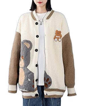 Women Varsity Sweater Button Up Knitted Cardigan Cute Bear Embroidery Jacket Kawaii Oversized Aes... | Amazon (US)