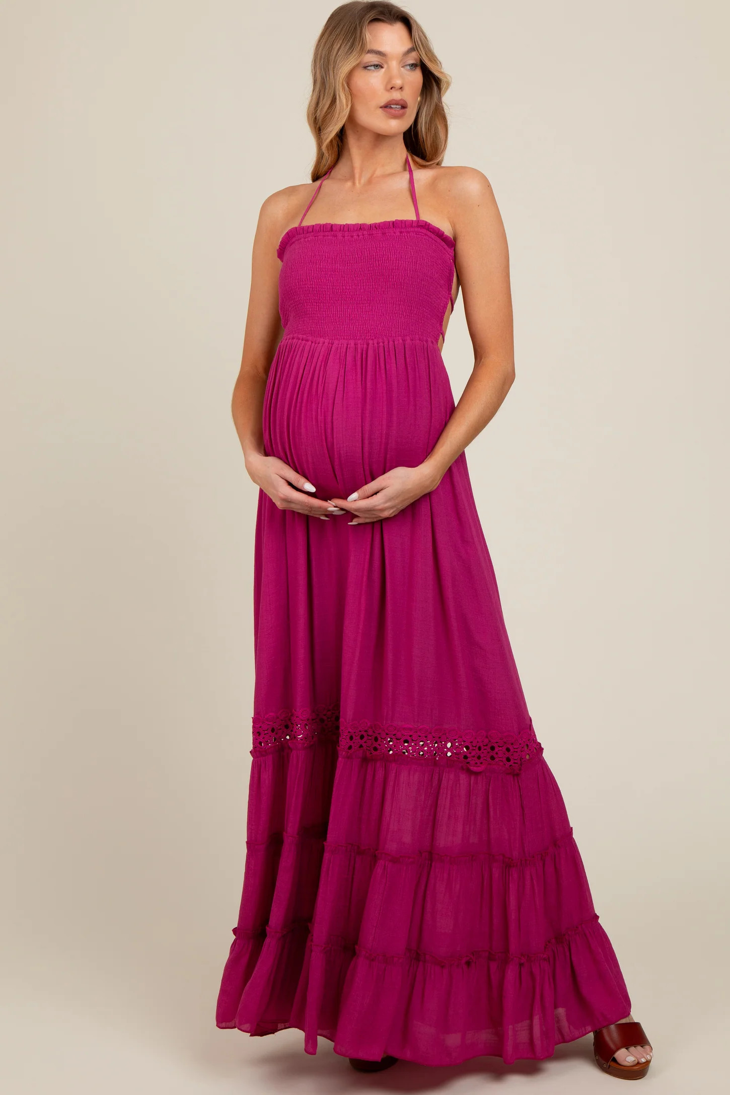Purple Smocked Open Back Maternity Maxi Dress | PinkBlush Maternity
