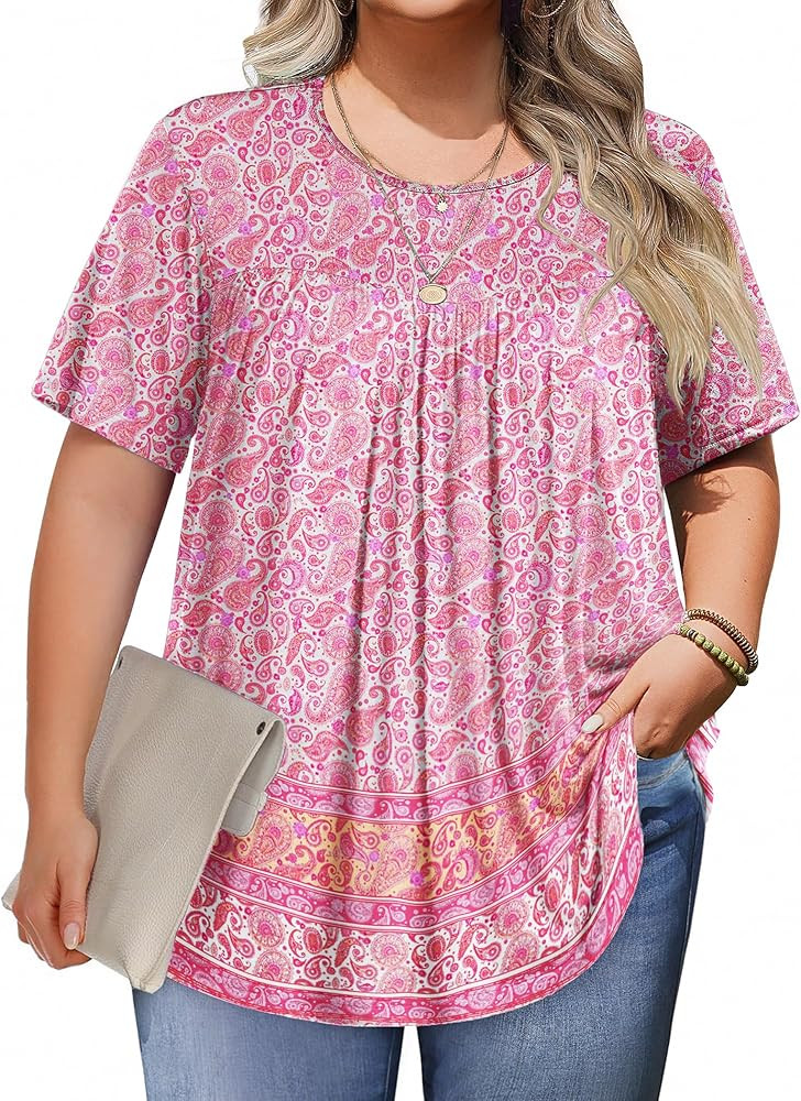 IN'VOLAND Womens Plus Size Tops Short Sleeve Tunic Crew Neck Shirts Summer Casual Loose Blouse 1X... | Amazon (US)