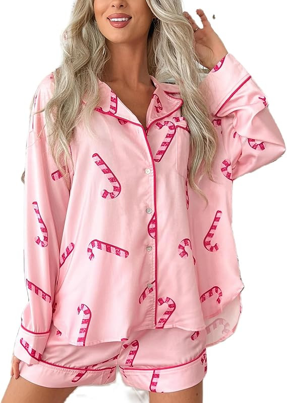 Women Christmas Pajamas Shorts Set Santa Claus Pjs Long Sleeve Button Down Shirt+Pants 2 Piece Xm... | Amazon (US)
