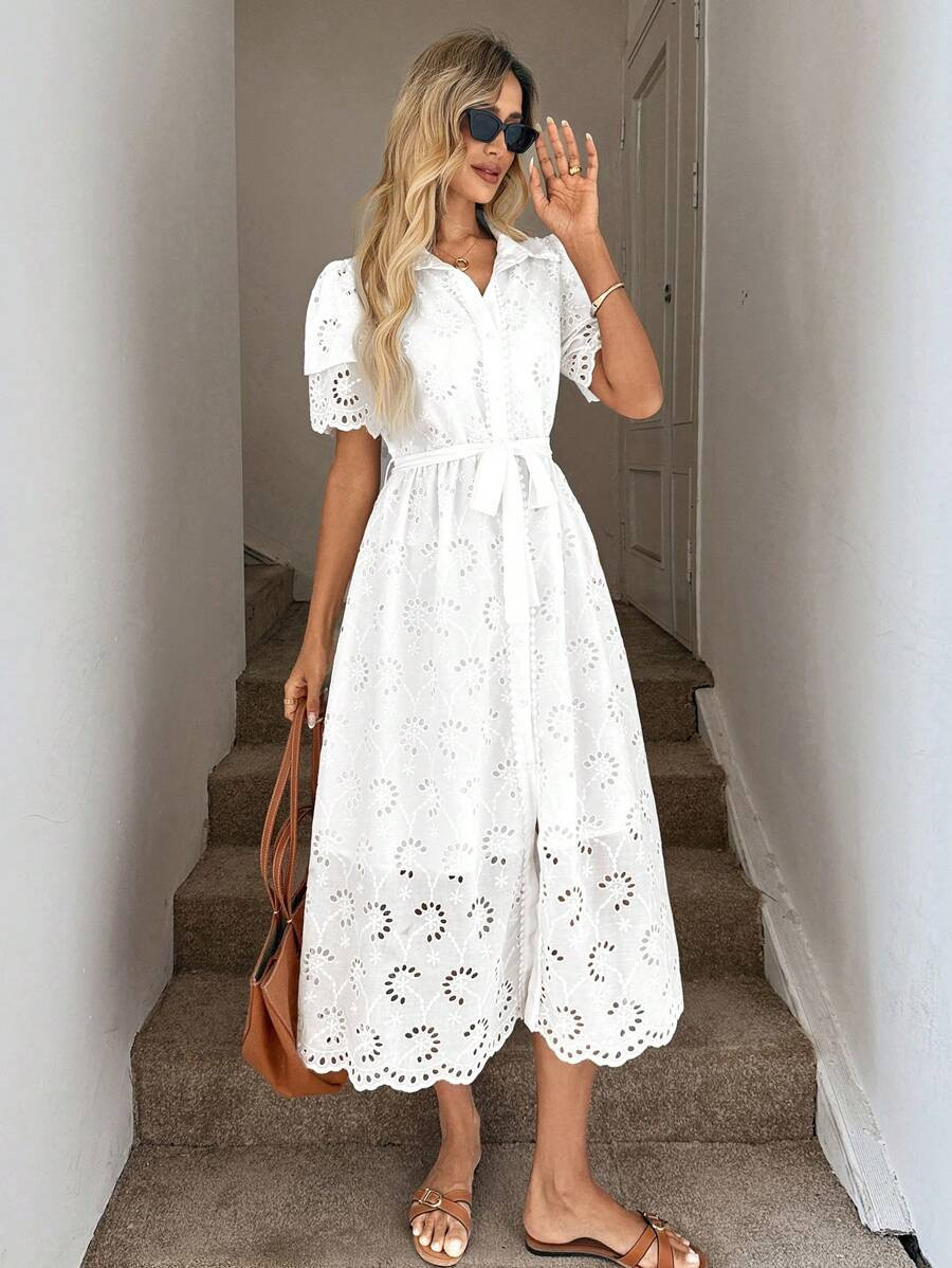 Easowa Women's Casual Embroidered Collar Cardigan Floral Lace Trim Dress Summer Outfits For Women... | SHEIN