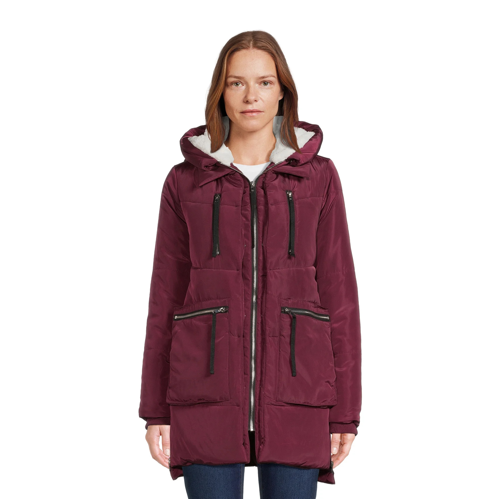 Jason Maxwell Women's Puffer Coat with Faux Sherpa Lined Hood, Sizes S-XL | Walmart (US)