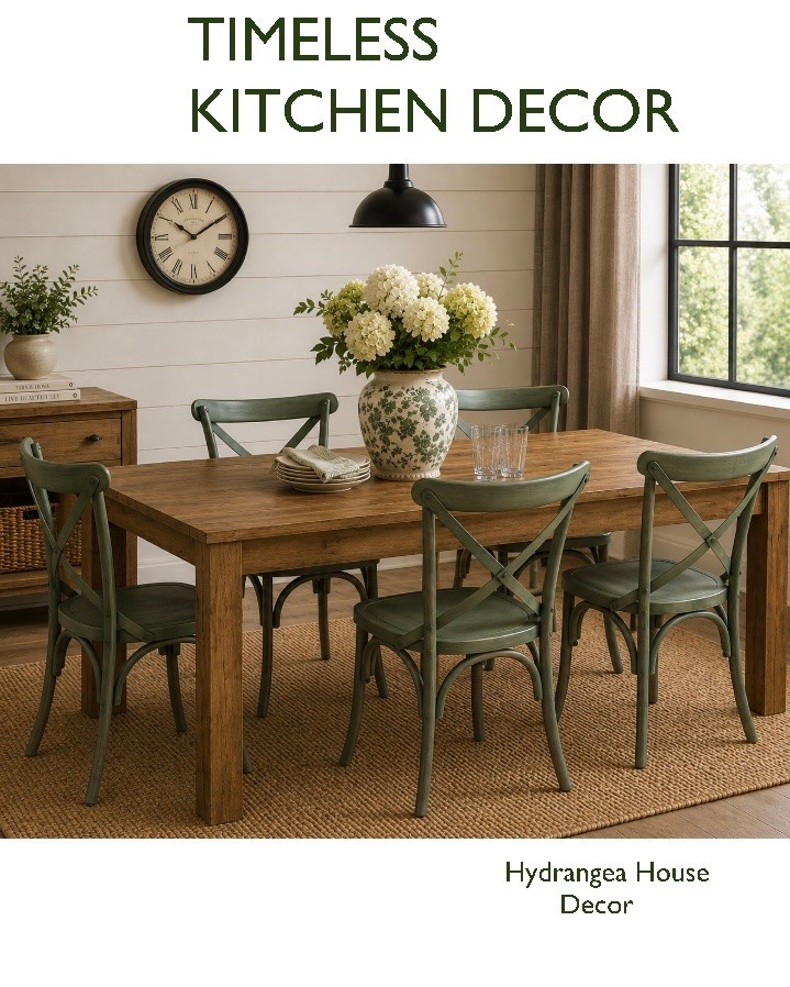Warm wood, soft sage accents, and beautiful green pottery create the kind of dining space that feels collected over time. 🌿 I paired timeless textures with fresh hydrangeas for a relaxed, inviting look that works beautifully in both cottage and coastal-inspired homes. Shop the pieces and recreate the look. 
#kitchen #casual #sagedecor #walmart