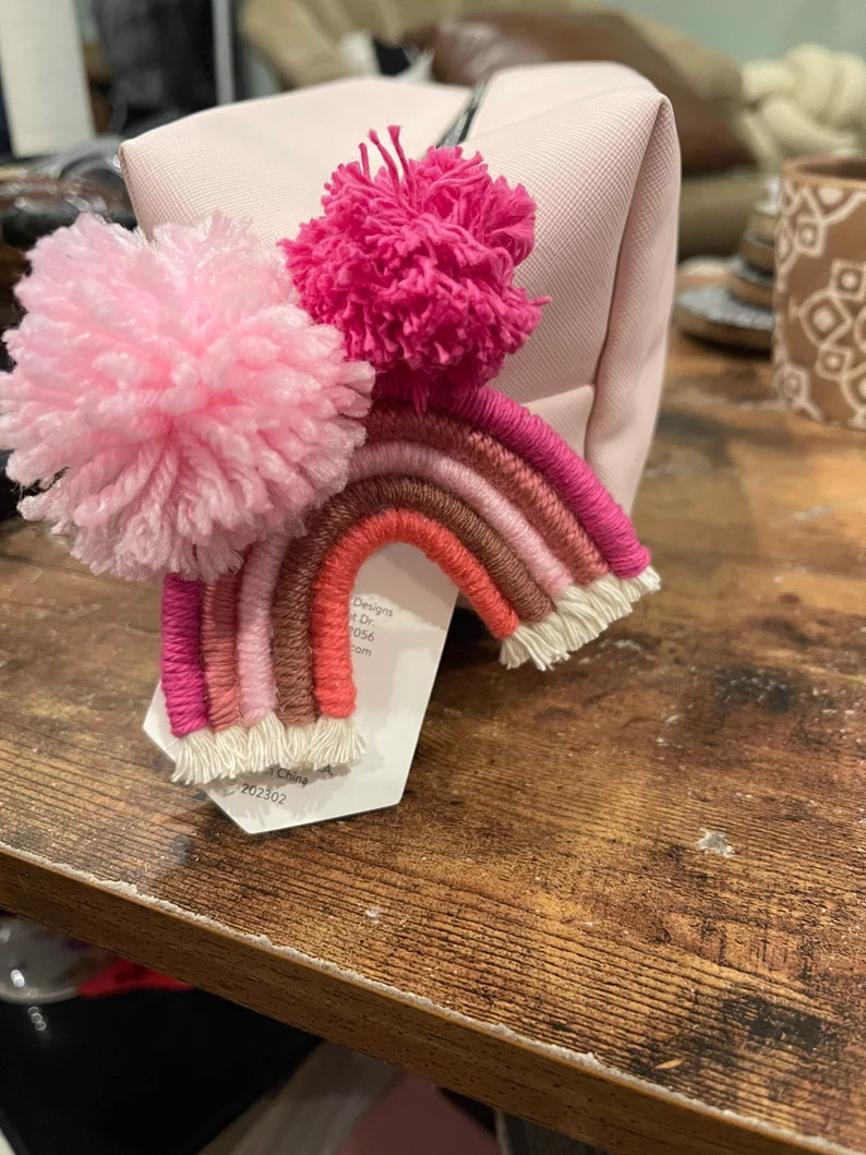 Essentials / Slay - Light Pink Cosmetic Bag with Rainbow Macrame with Poms | Etsy (US)