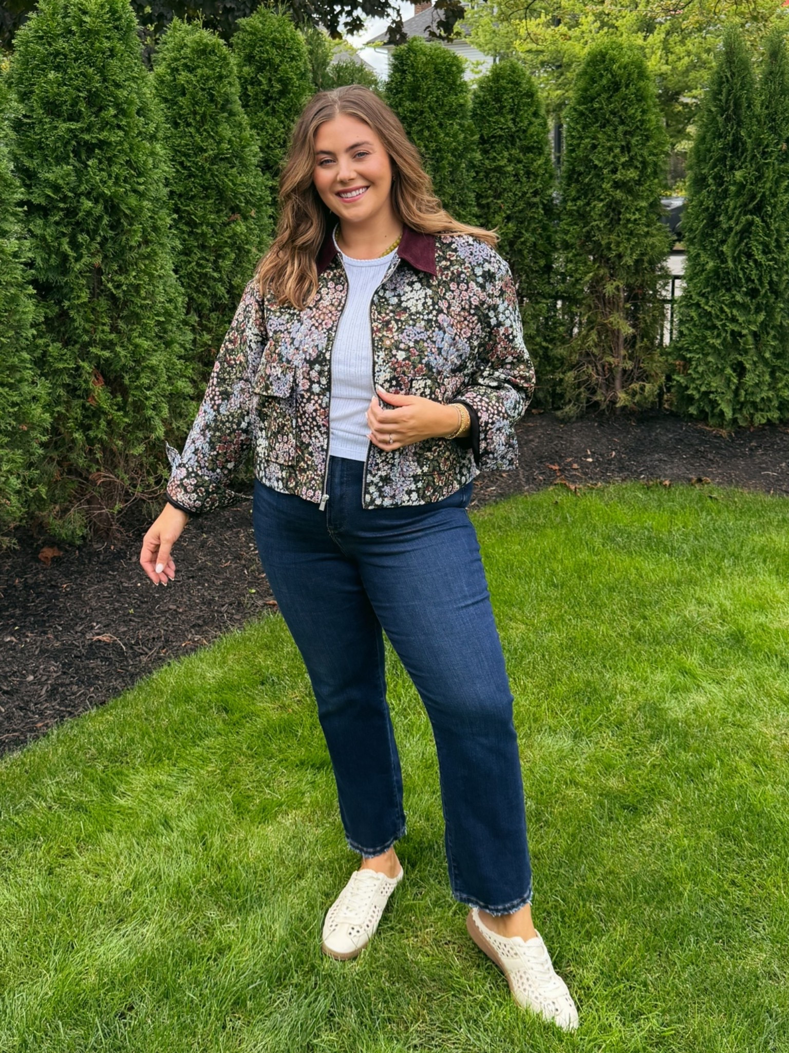 Wearing size XXL in jacket, 2X in t-shirt (use CARALYN15 on your first order at Spanx), 16Plus in jeans (use CARALYN15 at Good American). Fall denim, fall jacket, barn jacket, lightweight jacket, printed jacket

#LTKootd #LTKSeasonal #LTKPlusSize