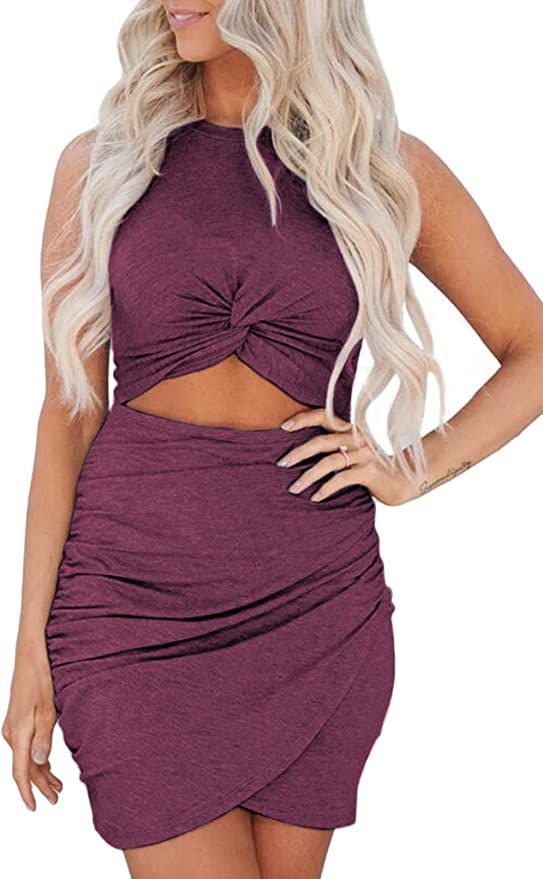 LOSRLY Womens Solid Bodycon Dresses Hollow Out Twist Wrap Slim Fit Elegant Party Evening Wedding | Amazon (US)