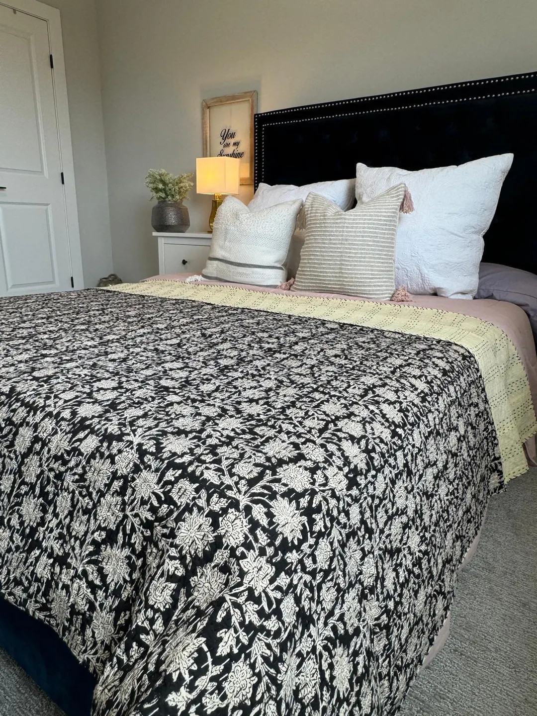 Kantha Quilt Handblock Print Black & Off-white Floral, Indian Neutral Color Bedding, Hand Stitche... | Etsy (US)