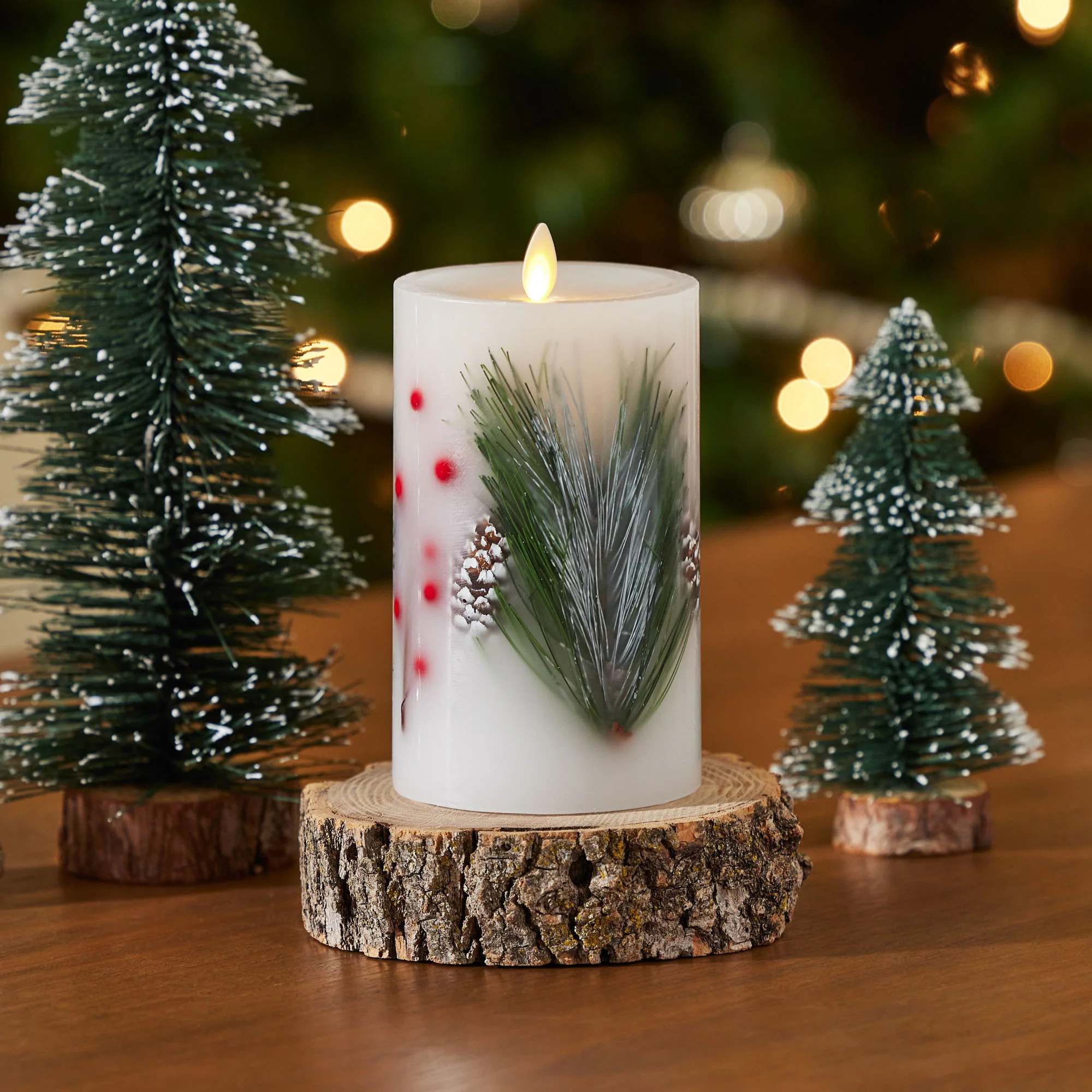 Embedded Pine, Berries & Pinecones Flameless Candle Pillar | Luminara